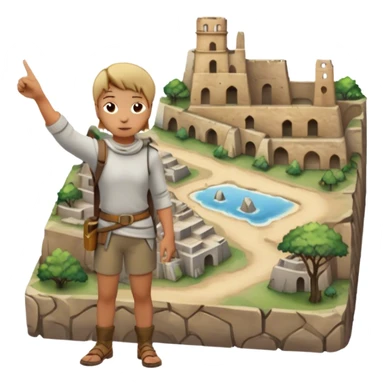 Icon for Documentary Film (TV style): A traveler pointing backward and narrating in front of ancient ruins. Include elements like historical landmarks, maps, and exploration tools to evoke a sense of adventure. Transparent background. sticker