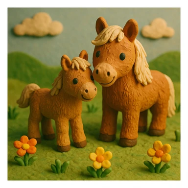 foal and mare together, cute and cheerful, detailed fur, in a grassy meadow, claymation style sticker