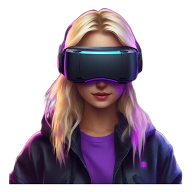 Russian blondy girl celebrating her birthday wearing a black hoodie and VR headset in a cyberpunk VR environment with violet neon lighting sticker