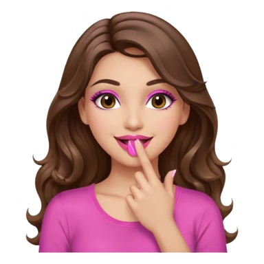 girl with long wavy brown hair, brown eyes, long lashes makeup, sexy pink lips, light to medium complexion, pink sexy top, smiling, hand covering mouth sticker