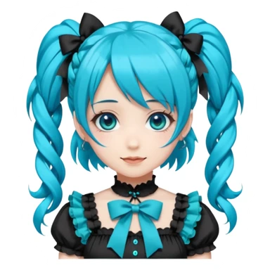 anime-style female character with bright turquoise hair styled in twin tails and matching blue eyes. Her outfit is a frilly turquoise and black dress in a Lolita-esque style, heavily contrasted with black ribbons and trim. A key detail is the "AWP" logo in black on the chest. VERY happy variant sticker