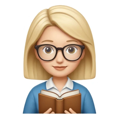 Apple Memoji-style 3D emoji of a librarian wearing glasses holding a book, clean gradients, rounded shapes, no background. sticker