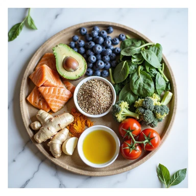 colorful board with a selection of anti-inflammatory foods: salmon, avocado, blueberries, spinach, walnuts, extra virgin olive oil, turmeric, ginger, tomatoes, broccoli, flax seeds, garlic, light background, fresh atmosphere, realistic details sticker