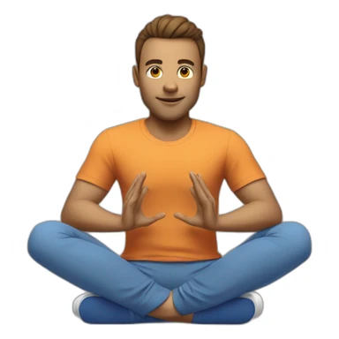 a gamer is sitting at a computer in a yoga pose in a blue T-shirt sticker