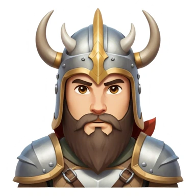 Clash of Clans aesthetic: Cinematic Fierce Viking Portrait Emoji, Poised and bold with a rugged yet stylized build, wearing a simple horned helmet and sporting a neatly trimmed beard, his face rendered in a natural skin tone, intense eyes reflecting fierce determination, Simplified yet dynamic features, highly detailed, glowing with a cool, battle-ready radiance, high shine, brave and resolute, stylized with an air of ancient Nordic valor, focused and commanding, soft glowing outline, capturing the essence of a fearless Viking adventurer ready to set sail on epic quests! sticker