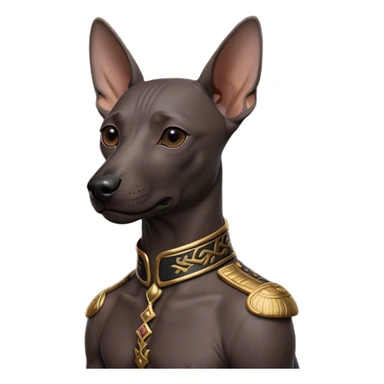 Cinematic Noble Xoloitzcuintle dog Portrait Emoji, Poised and regal, with a sleek, muscular build and smooth, hairless ebony skin accented by subtle wrinkles, deep-set soulful dark eyes, Simplified yet sharp and sophisticated features, highly detailed, glowing with a soft, dignified glow, high shine, intelligent and loyal, stylized with an air of ancient grace, focused and attentive, soft glowing outline, capturing the essence of a watchful and confident guardian, so majestic it feels as though it could stride out of the screen with effortless authority! sticker