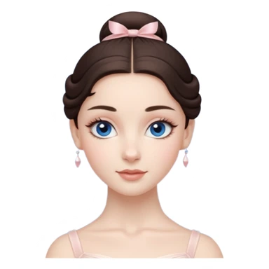 Realistic Ballerina Portrait, with porcelain-like skin featuring a natural rosy flush, illuminated by soft lighting that highlights the gentle contours of her face. Her Brunette hair flows in soft.Her deep blue eyes radiate framed by arched brows and long lashes. sticker
