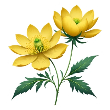 Japanese style Fukujuso (Adonis amurensis) flower in ukiyo-e inspired design, bright golden-yellow petals, green feathery leaves, traditional composition on subtle rice paper texture sticker
