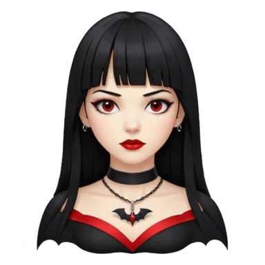 mulher cabelos pretos longos e lisos com uma franja curta acima dos olhos, olhos pretos com delineado, expressão séria, com um sorriso sensual e lábios vermelhos, ela usa uma gargantilha preta com um pequeno pingente de morcego preto e roupa com decote nos seios sticker