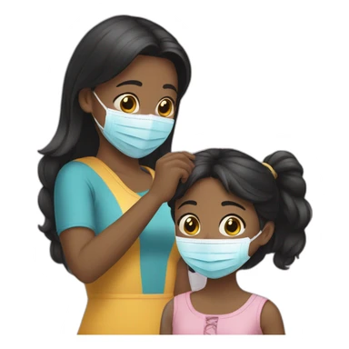 Black-haired girl putting on a girl’s mask sticker