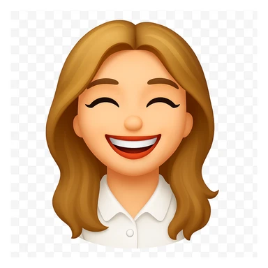 Remove any apple elements from the image and delete the background, keeping only the blonde with long hair and swamp eyes laughing. The style should resemble apple emoji style but use the general editor for best editing support. Transparent background. sticker