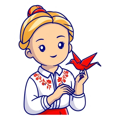 Ukrainian young girl with blonde braided hair wearing a white traditional embroidered shirt (vyshyvanka) holding a red origami paper crane in her hands sticker