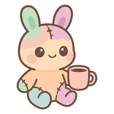 stitched-up rainbow-colored cartoon bunny, feminine features, holding coffee mug, adorable sticker