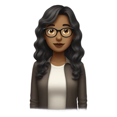 female nerd with medium long semi wavy hair with super dark brown hair and translucent glass frames and give her curtain bangs sticker