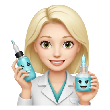 A smiling beautician with cold, calculating eyes, pointing at your cheek while holding an expensive serum bottle. Fake smile, predatory vibe. sticker