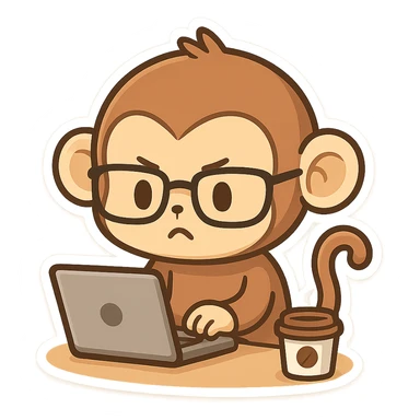cute style monkey wearing glasses working seriously on laptop, coffee cup on desk sticker