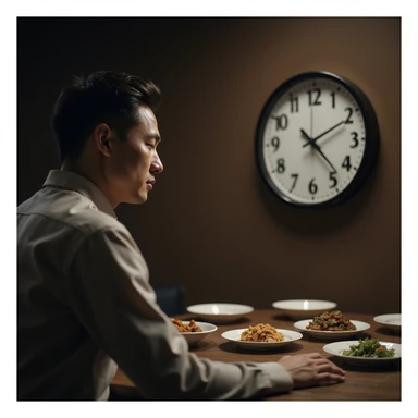Hyperrealistic 4K image of a man looking at a wall clock showing 23 hours, table set but without food, calm and meditative expression, Zen atmosphere, detailed facial features reference. sticker
