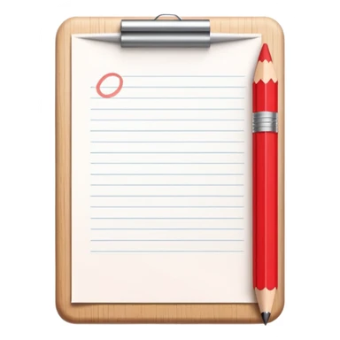 A red pencil in front of a small paper with minimal writing on it sticker