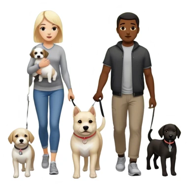 Blond white girl with dark black guy black hair with 1 dog medium size white and gray and 1 dog large dark brown and white, a dark skinned black guy with black short hair and their baby on a walk sticker