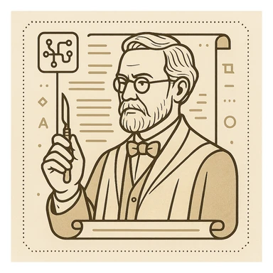 minimal elegant icon of a scholarly professor in classic academia style, dignified and not teaching, with a scalpel, set against a document background blending vintage academic motifs and subtle AI interface elements, refined cultured color scheme, technical and precise sticker