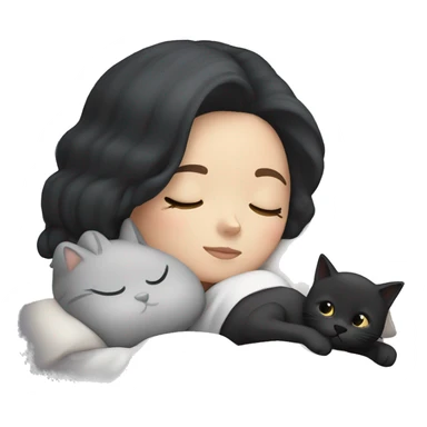 white girl with black hair sleeping with a gray cat sticker