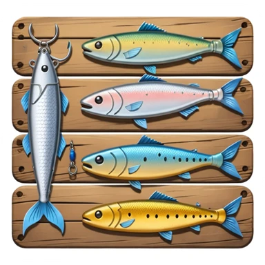 A metal lure set arranged on a wooden plank sticker