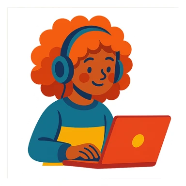 vibrant toon style curly hair girl with headphones and a laptop sticker