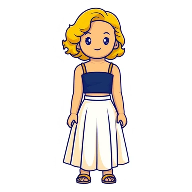tan girl with wavy hair, white long skirt, navy blue ruched square neck crop top sticker