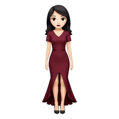 Chica blanca ,ojos marrones, vestido granate largo sexy manga corta,  cuerpo entero pelo negro y largo zapatos negros tacon sticker