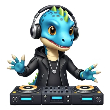 Dinosaurio muy tierno músico DJ con ropa negra futurista con nombre verexxo  sticker