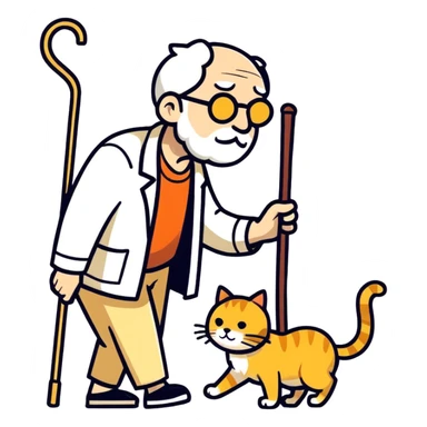  old blind man and his walking stick with golden cat ￼ sticker
