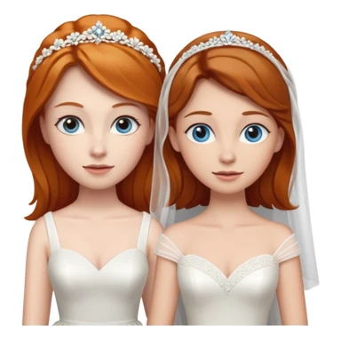 A ginger woman with blue eyes, marrying a taller woman with brown hair and hazel eyes, both in wedding dresses. sticker
