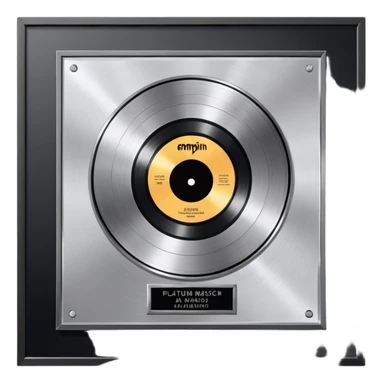A platinum music award plaque: a square, polished platinum plate with a subtly textured, mirror-like finish, mounted on a simple dark metal base. The center features a relief of a or stylized vinyl record in a slightly darker metallic tone.  sticker