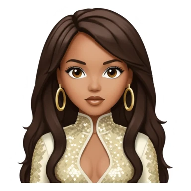 LeToya Luckett from Destiny's Child with long dark brown hair, ivory sequin outfit sticker