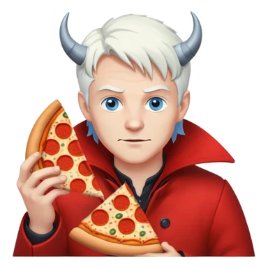 A devil hunter with blue eyes and white middle hair in red coat and eats pizza sticker