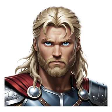 Cinematic Realistic Thor Portrait, depicted with lifelike skin texture and a commanding, muscular build that radiates divine strength. His piercing eyes, framed by rugged, flowing hair and a well-groomed beard, exude both determination and amiable authority. Clad in his signature armor with subtle hints of mystical lightning, the portrait is rendered in dynamic natural lighting with a radiant, heroic glow. sticker