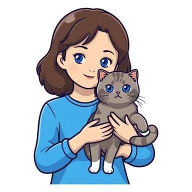 Girl with blue eyes and brown hair holding a medium fluffy grey Scottish fold cat sticker