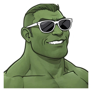 gigachad style muscular man emoji with sunglasses smiling, humorous exaggerated chin and facial features, modern Twitch emoji style for Twitch.tv/wisko channel sticker