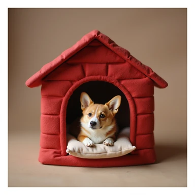 realistic red dog house with a Corgi dog inside, Corgi with a pillow, photorealistic style sticker