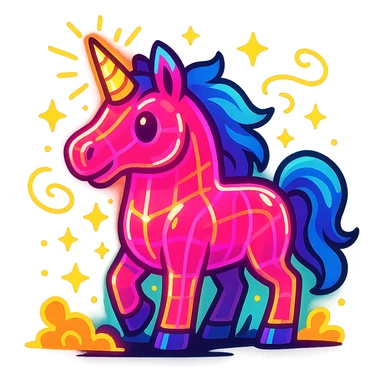 neon pink unicorn with a glass cannon, vibrant, glowing, fantasy sticker