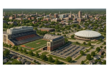 cinematic realistic emoji of Champaign Illinois wide city view with iconic landmarks University of Illinois campus Memorial Stadium State Farm Center downtown Champaign lifelike detail accurate colors bright daytime lighting no sky no clouds no city name label sticker