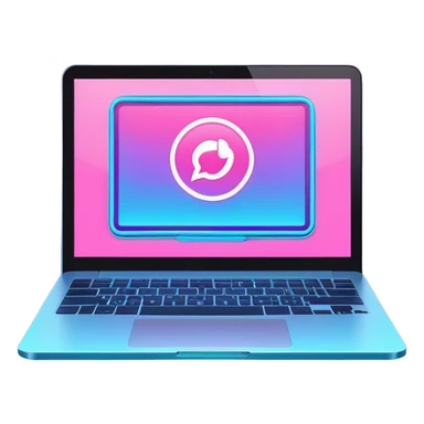 laptop computer with video chat displayed on screen, pink and light blue colors, with neon glow lines, blue neon light on top left, purple neon light on bottom right sticker