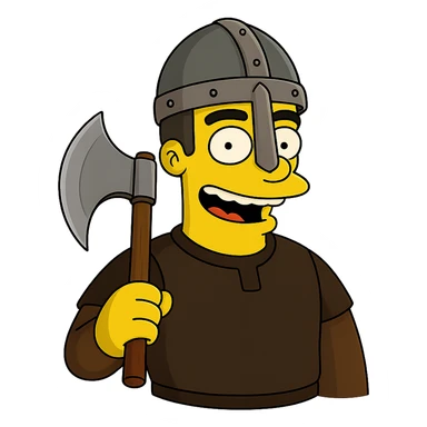Regenerate the image keeping the same angle, facial expression, and size proportions, but add a medieval axe and helmet to the character. Maintain the Simpsons style with a transparent background. sticker