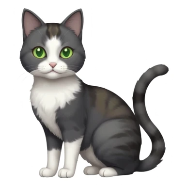 full body view of beautiful female solid dark grey cat with green eyes, white toes/paws and white patch on her chest sticker