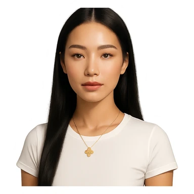 a calm woman with long straight black hair parted in the middle, light glowing skin, almond eyes with subtle makeup, full coral lips, white fitted t-shirt, gold four-leaf clover necklace, neutral expression, looking at the viewer sticker
