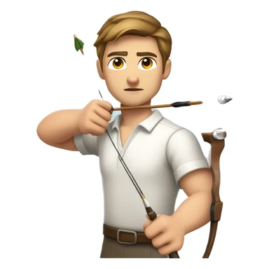 a male archer aiming with a bow facing  his target, eyes closed, wearing a white shirt, very short brown hair, bright skin sticker