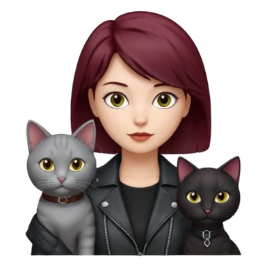 femme  yeux gris, cheveux court bordeaux, cuir noir, avec chat poils longs gris clair et chat poils ras noirs sticker