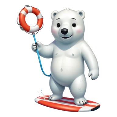 full body friendly anthropomorphised polar bear smiling, wearing colorful swim suit and long board shorts below the knee, scuba goggles, holding red and white life buoy, standing in small puddle sticker