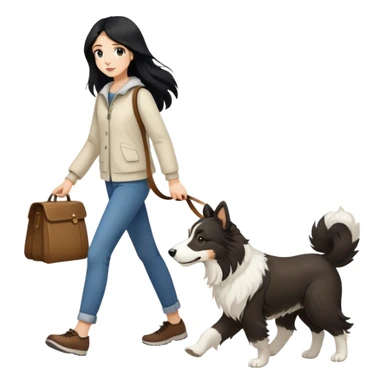 A girl with long black hair walking a white and brown collie sticker