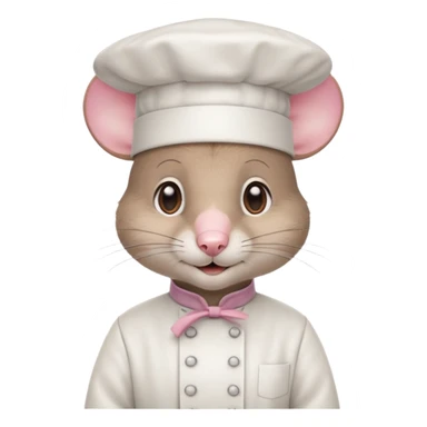 gray mouse with large round ears, brown eyes, and a small pink nose, wearing a white chef’s hat sticker